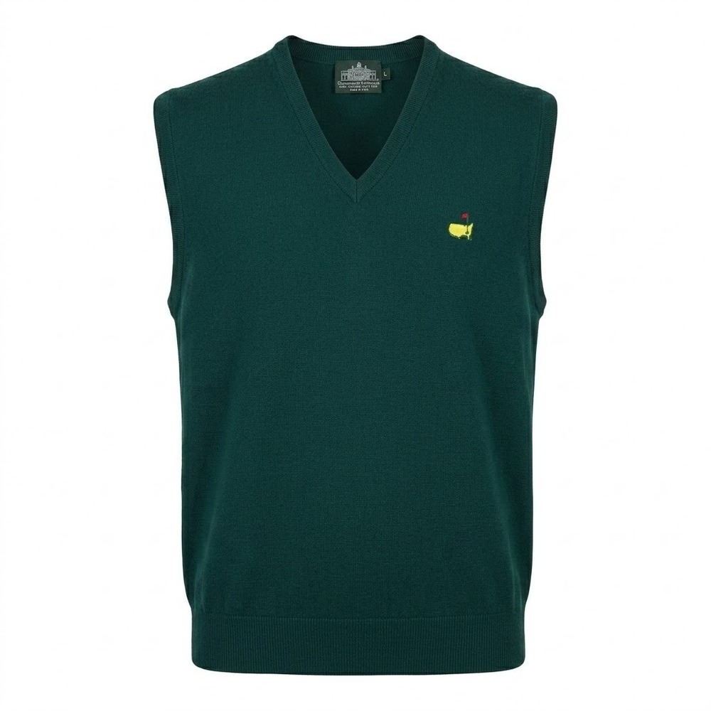 Masters Clubhouse Men's XL Green Merino Wool V-Neck Golf Sweater Vest NOTES